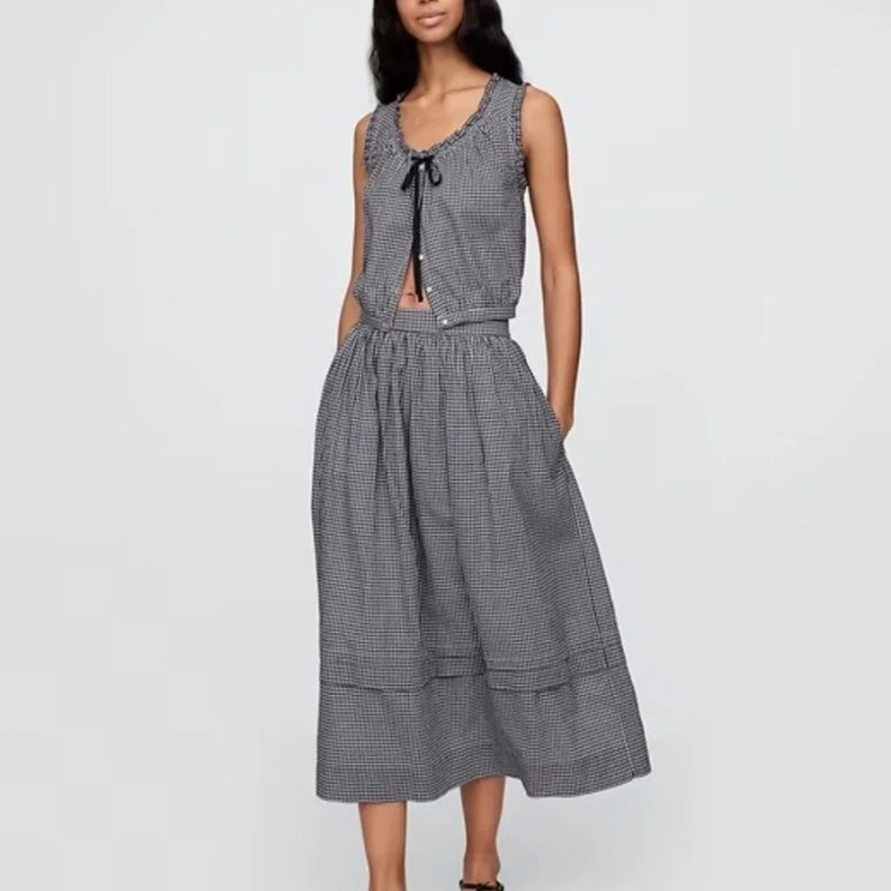 Gap x DOEN Gingham Midi Skirt Navy White Cotton Tiered Ruffle Large
